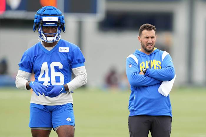 Jun 14, 2023; Thousand Oaks, CA, USA; Los Angeles Rams tight ends coach Nick Caley and tight end Christian Sims (46) during minicamp at Cal Lutheran University.